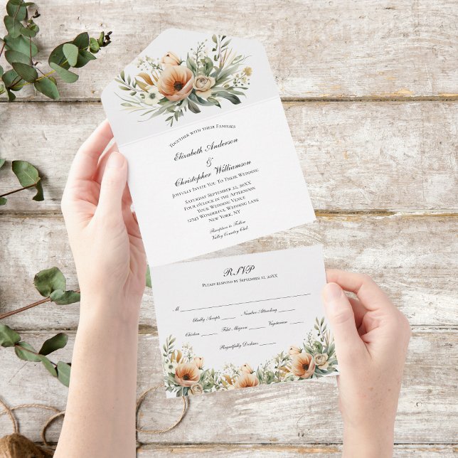 Persika Beige Blommig Bröllopsinbjudan Allt-i-ett (Beige Peach Watercolor Floral Greenery Botanical All in one Wedding Invitation)