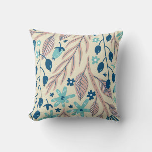 Persika Blå Aqua Beige Blommig Illustration Kudde