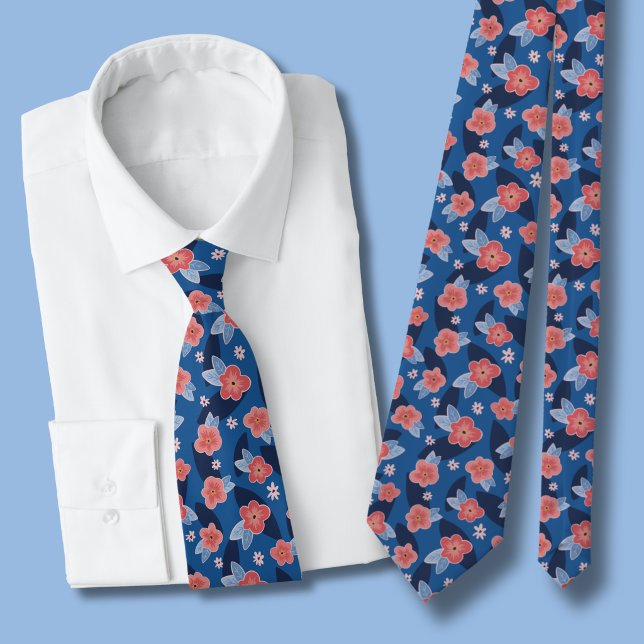 Persika & Blå Blommig Mönster Slips (Peach floral blue tie )