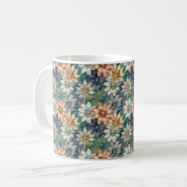 Persika Blå Vit Grön Blommig Kaffemugg (Framsida vänster)