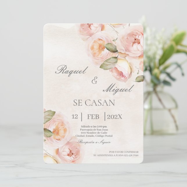Persika blomma beige spansk bröllopsinbjudan inbjudningar (Stående Fram)