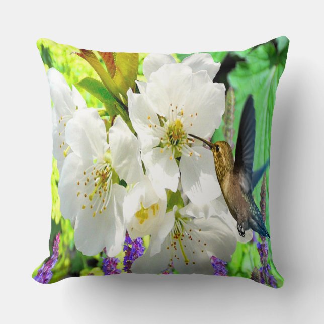 Persika Blommar Hummingbird Kudde (Framsida)