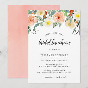 Persika Blommig Akvarell Elegant Bröllopslunch Inbjudningar