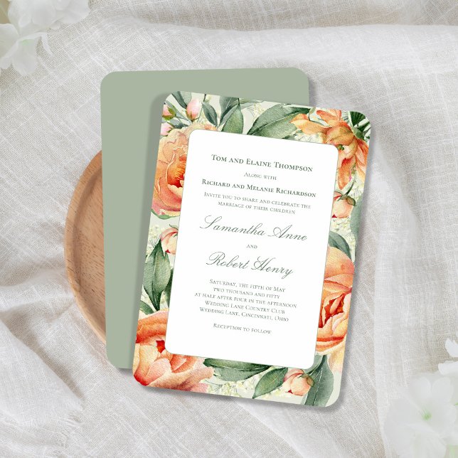 Persika Blommig Akvarell Grönska Elegant Bröllop Inbjudningar (Elegant peach floral wedding design with soft greenery and romantic script, perfect for a timeless.)