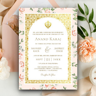 Persika Blommig Anand Karaj Punjabi Sikh Bröllop Inbjudningar