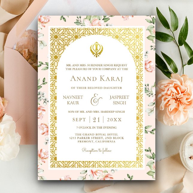 Persika Blommig Anand Karaj Punjabi Sikh Bröllop Inbjudningar (Skapare uppladdad)