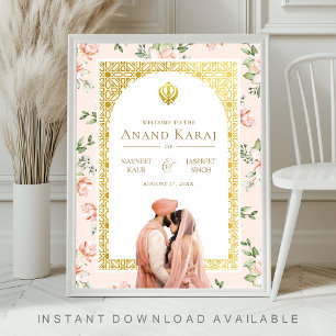 Persika Blommig Anand Karaj Sikh Bröllops Välkomst Poster