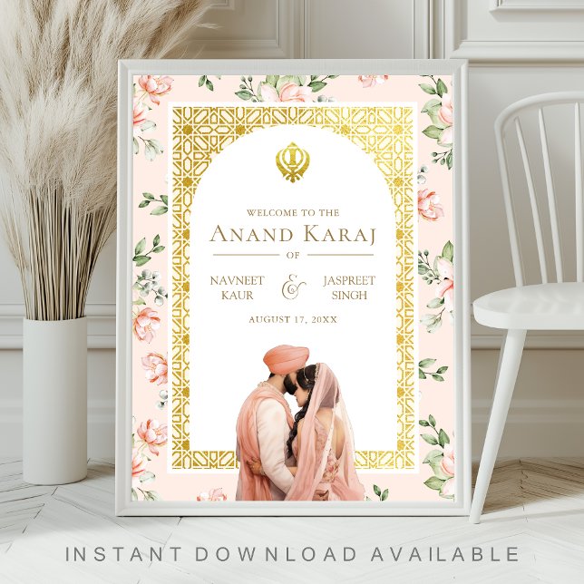 Persika Blommig Anand Karaj Sikh Bröllops Välkomst Poster (Skapare uppladdad)