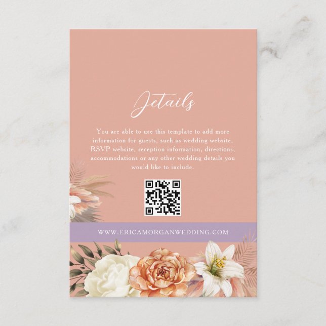 Persika Blommig Bröllopsdetaljer QR-kod Kort (Framsida)