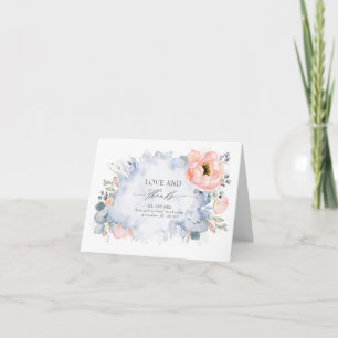 Persika Blommig Elegant Dammig Blå Bröllop Tack Kort