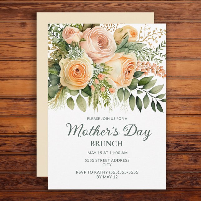 Persika Blommig Grönska Morsdagsbrunch Inbjudningar (Peach floral and greenery Mother's Day Brunch invitation)