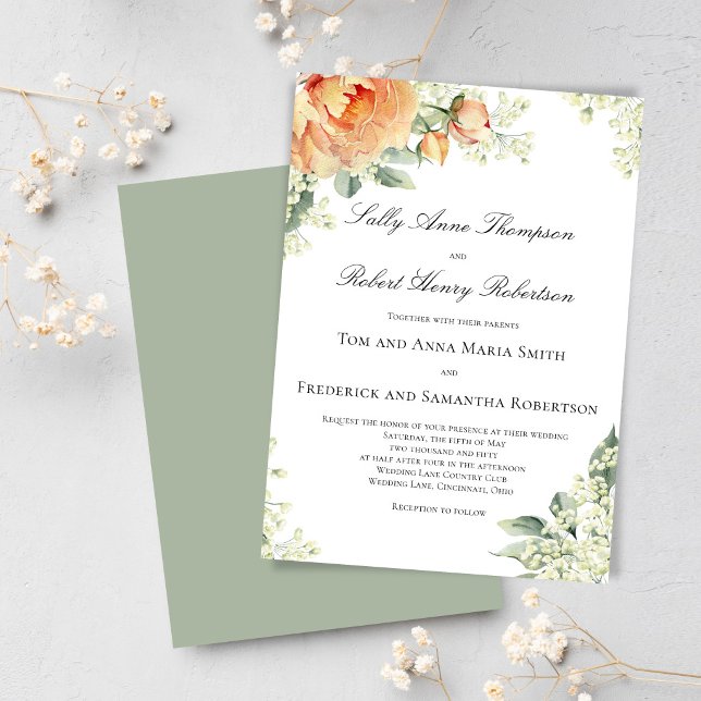 Persika Blommig Hörngrönska Elegant Skrift Inbjudningar (Elegant peach floral wedding design displayed on mobile, perfect for modern sharing and stylish. )