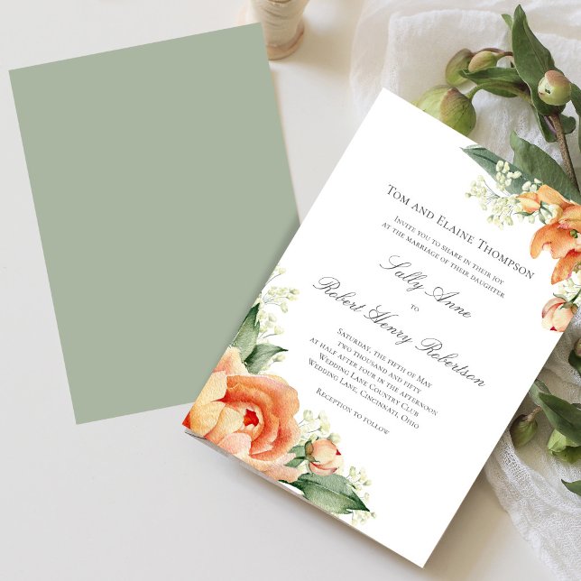 Persika Blommig Hörngrönska Elegant Skrift Inbjudningar (Elegant peach floral wedding design shown on mobile, perfect for modern sharing and digital previews)