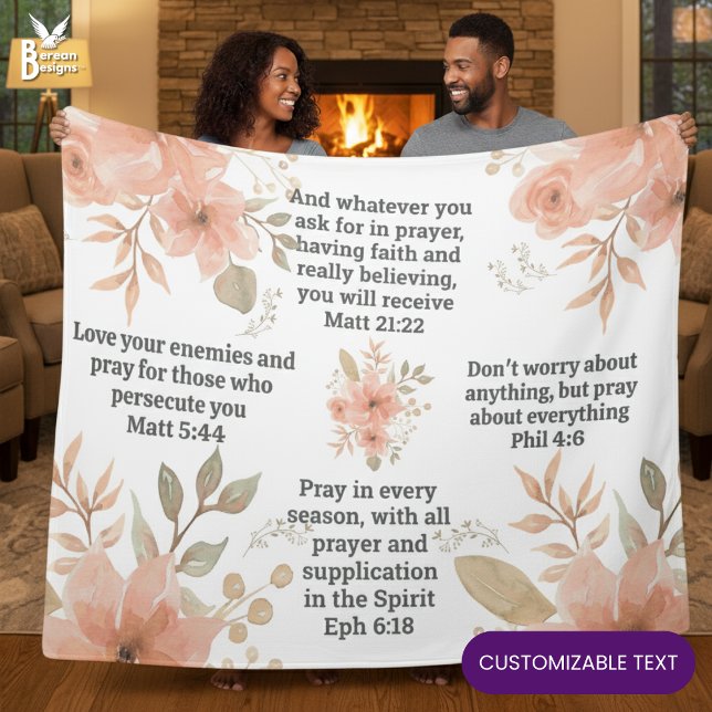 Persika Blommig Kristet BÖN  Fleecefilt (Christian Scripture Floral Prayer Blanket with CUSTOMIZABLE TEXT to add your favorite Bible verses)