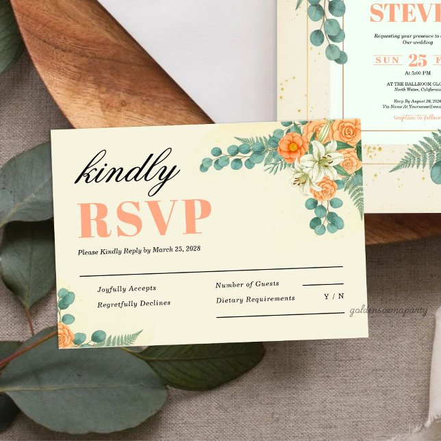 Persika Blommig och Eukalyptus Grönska Bröllop OSA Kort (Peach Floral and Eucalyptus Greenery Wedding RSVP Card)