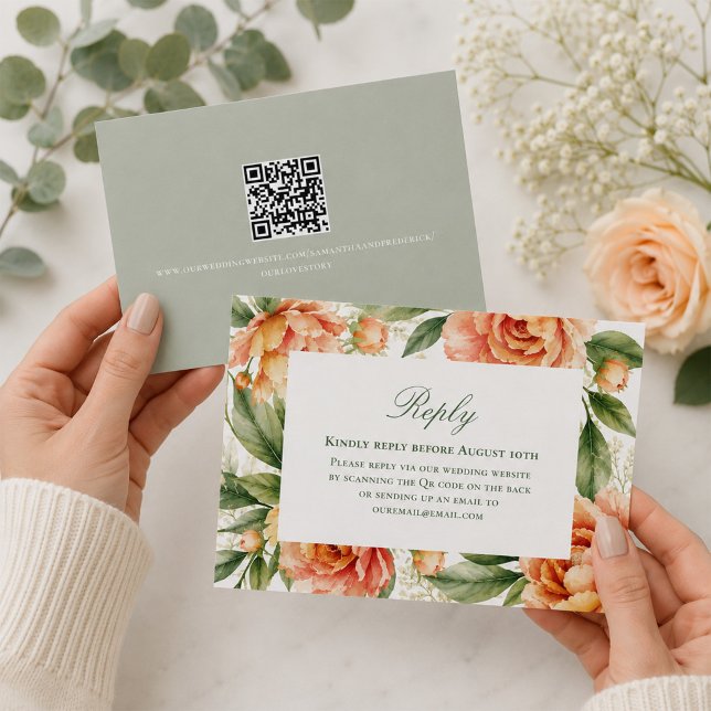 Persika Blommig QR-kod Bröllopsgäst Svar (Elegant floral RSVP card with QR code for quick and convenient guest responses.)