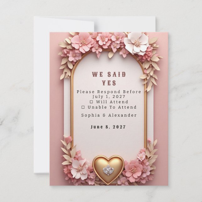 Persika Blommig Rosa Guld Bröllopssamling RSVP C OSA Kort (Framsida)