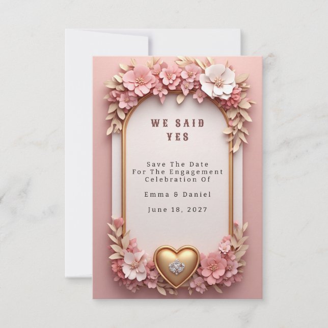 🌺 Persika Blommig Rosa Guld Bröllopssamling 💐 Spara Datumet (Framsida)