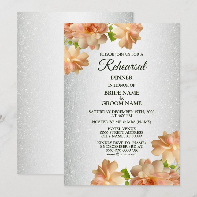 Persika Blommig Silver Glitter Övningsmiddag Inbjudningar (Fram/baksida)