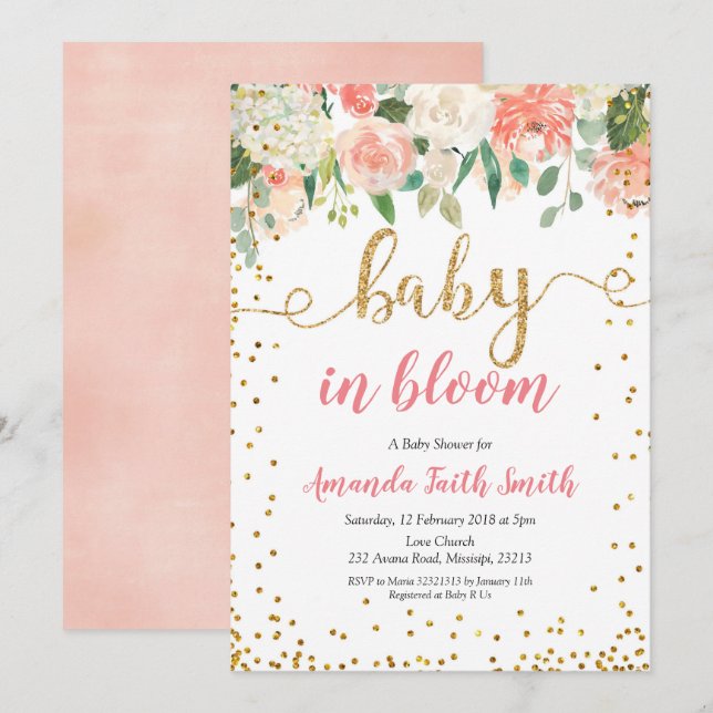 Persika Blommigt Baby i Bloom Baby Shower Inbjudningar (Fram/baksida)