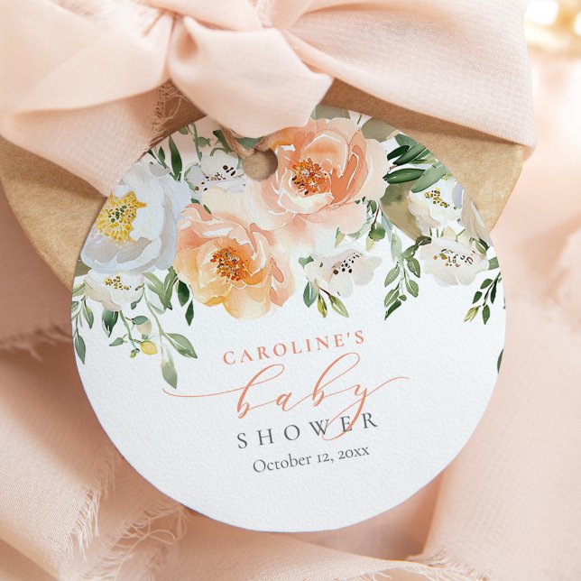 Persika Blommigt Baby i Bloom Girl Baby Shower Gåvor Etiketter (Skapare uppladdad)