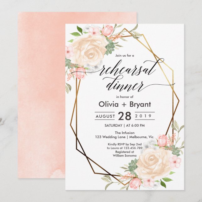 Persika blommigt guld geometric ram rehearsal midd inbjudningar (Fram/baksida)