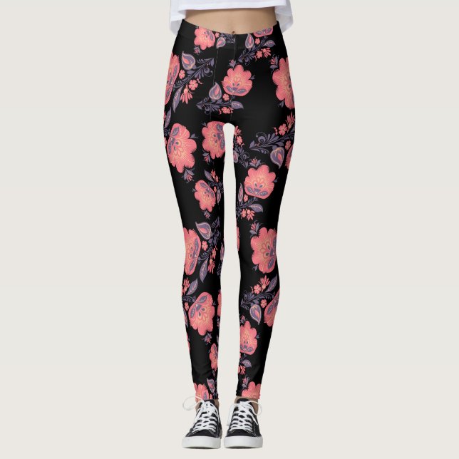 Persika/Blommigt Kvinnors benlag Leggings (Framsida)
