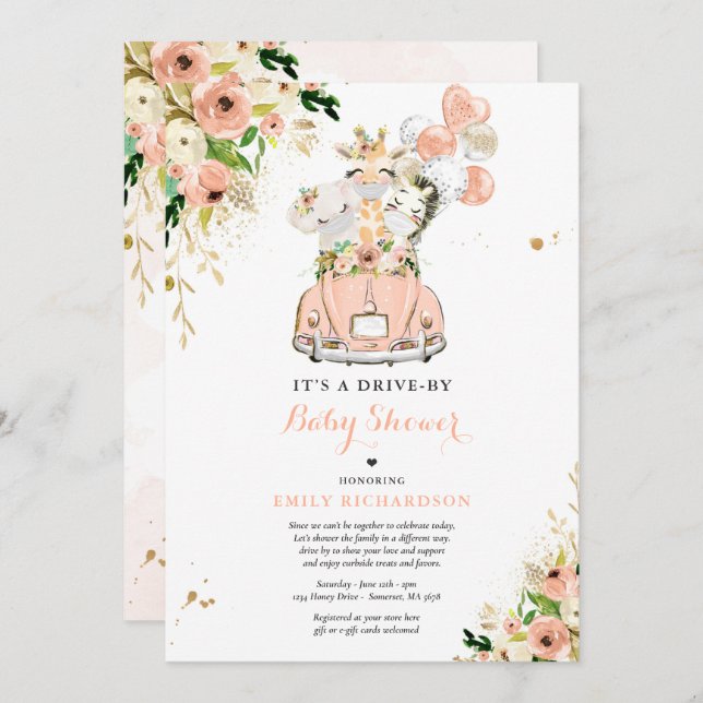 Persika Blommigten Safari Animals kör med babyskor Inbjudningar (Fram/baksida)