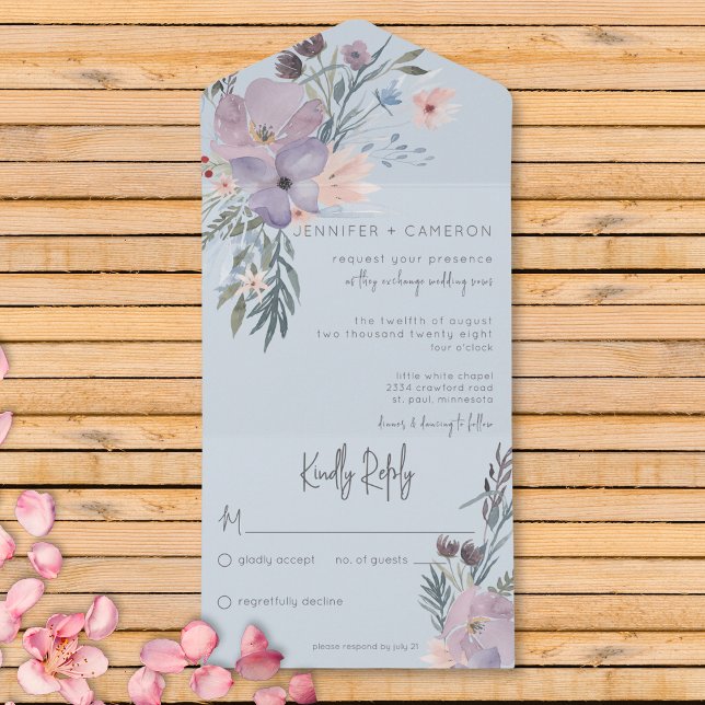 Persika Blue & Lavender Boho Blommigt Blue No Midd (Also available with a QR code or with dinner selection options.)