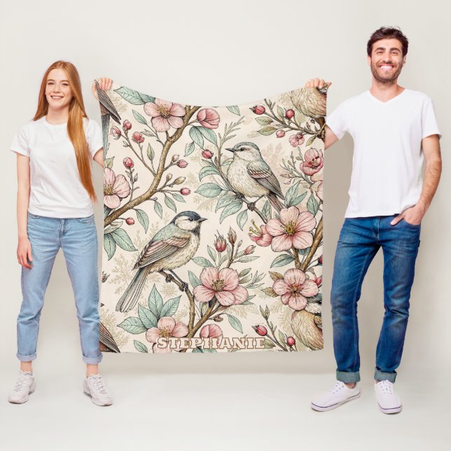 Persika Botanisk Sångfågel Svart Bläck Blommönster Fleecefilt (På plats)