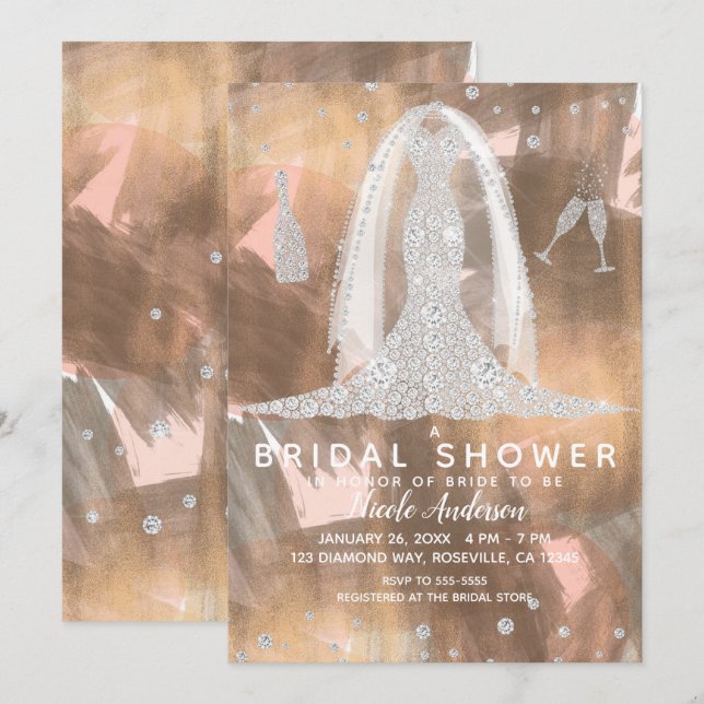 Persika Brons Diamant Bröllopsklänning Bröllopsdus Inbjudningar (Fram/baksida)