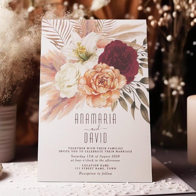 Persika Burgundy Blommig Bröllopsinbjudan Inbjudningar (Skapare uppladdad)