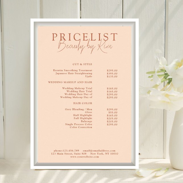 Persika, Elegant Salongs Prislista Poster (Personalized, Peach, Elegant, Salon Price List Poster)