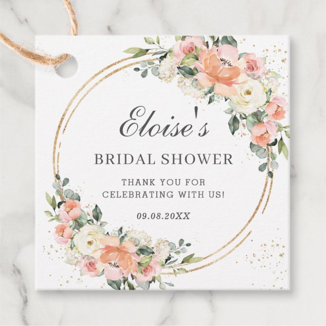 Persika Elfenben Rosa Blommig Bröllopsfest Tack Gåvor Etiketter (Framsida)