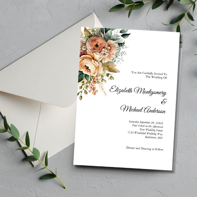 Persika Floral Akvarell Botanisk Elegant Bröllop Inbjudningar (Peach Floral Flowers Greenery Botanical Watercolor Modern Elegant Wedding Invitation)