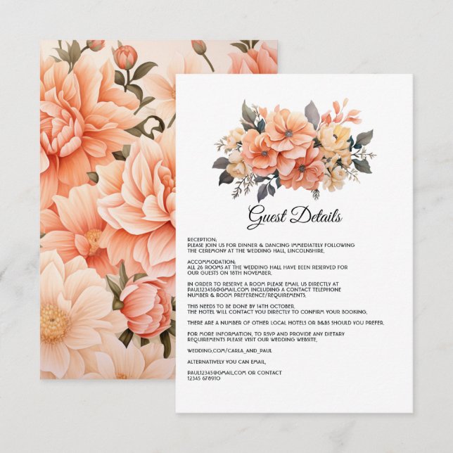 Persika Fuzz Blommig Bröllopsgäst Detaljer Tilläggskort (Fram/baksida)