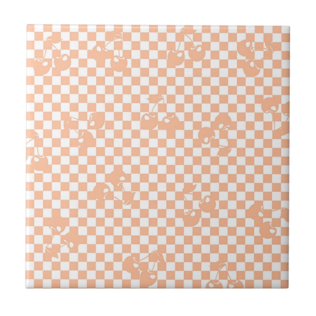 Persika Fuzz Körsbär Gingham Mönster Kakelplatta (Framsidan)