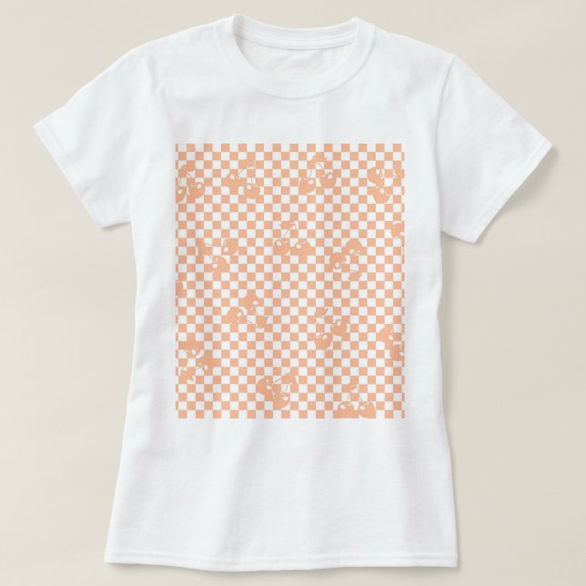 Persika Fuzz Körsbär Gingham Mönster T Shirt (Design framsida)