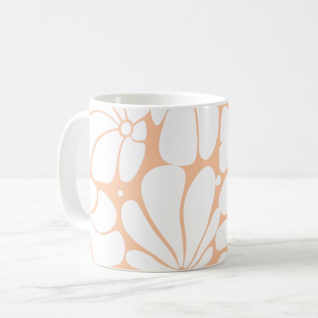 Persika Fuzz Retro 70s Vita, blommiga grafikdesign Kaffemugg (Framsida vänster)