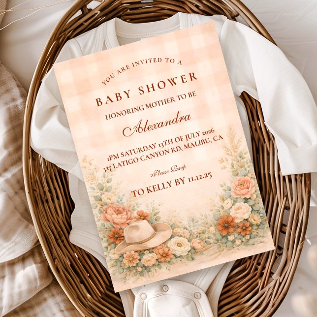 Persika Gingham Western Blommig Barnkalas Inbjudningar (Skapare uppladdad)