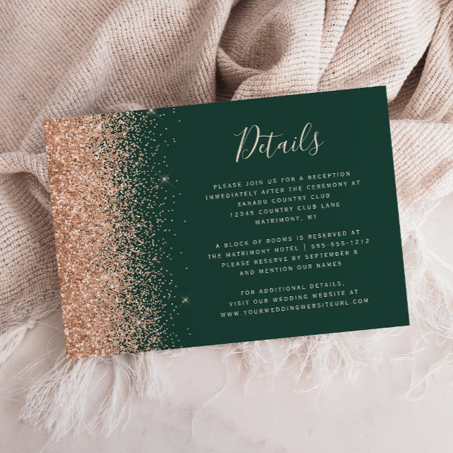 Persika Glitter Smaragdgröna Bröllopsdetaljer Tilläggskort (Skapare uppladdad)