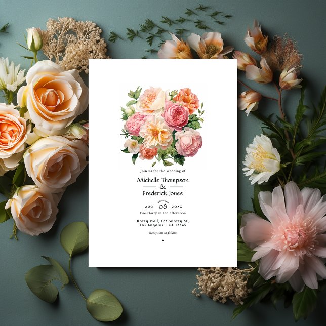 Persika, grön och pastellrosa blomster sommarbröll inbjudningar (Skapare uppladdad)