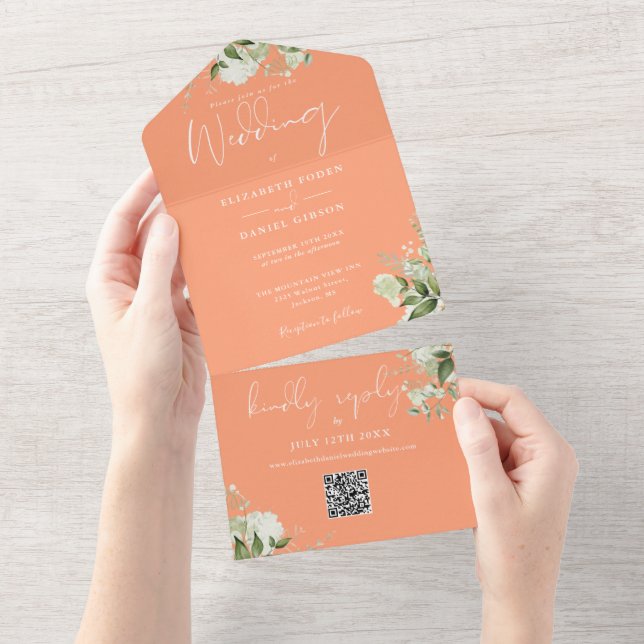 Persika Grönska Blommig QR-kod Monogram Bröllop (Avrivbar del)