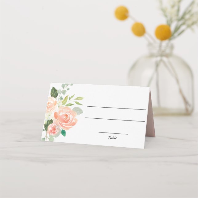 Persika grönska blomster elegant platskort placeringskort (Framsida)