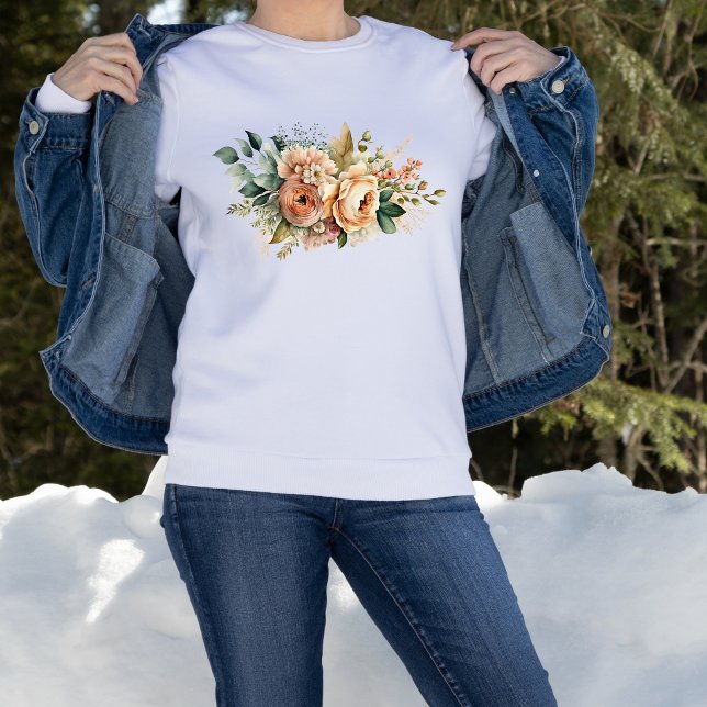 Persika Grönska Botanisk Akvarell Blommig Bukett T Shirt (Peach Watercolor Wildflower Bouquet with Greenery and Botanicals on White Sweatshirt)