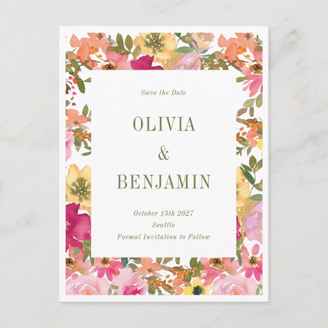 Persika Gul Akvarell Blommig Bröllop Vykort (Framsida)