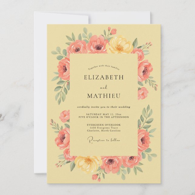 Persika Gul Blommig Romantisk Bröllop Inbjudningar (Framsida)