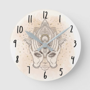 Persika & Guld Boho Lotus Blomma Skönhet Rund Klocka