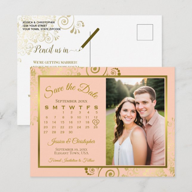 Persika & Guld Bröllop Spara datum Kalender Foto Meddelande Vykort (Fram/baksida)