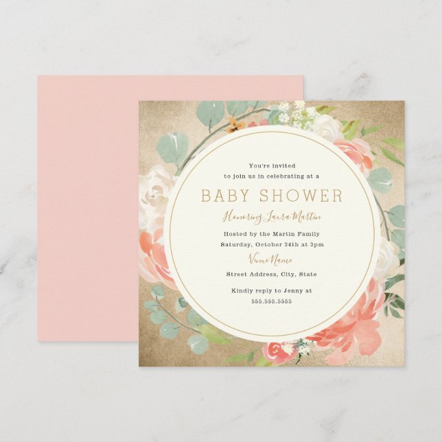 Persika Guld Glans Krans Blommig Baby Shower Inbjudningar (Fram/baksida)